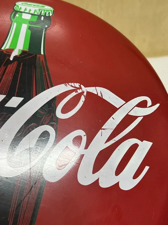 Vintage 1990 Coca Cola Button Round Red Metal Button Tacker Type Style Sign - Picture 4 of 7